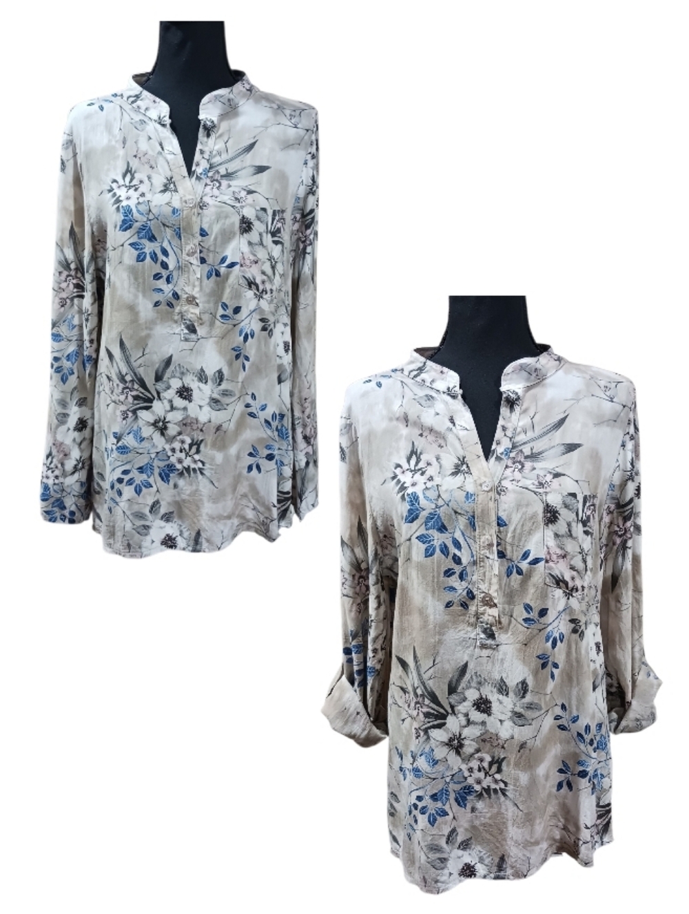 Tempo Paris Split Neck Roll Tab Tunic Blouse